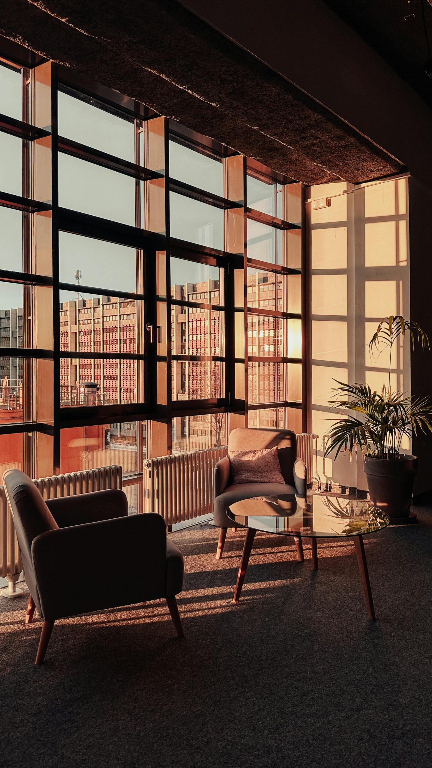 Home Sunlit modern office lounge with a city view, featuring elegant furniture and large windows in Berlin.